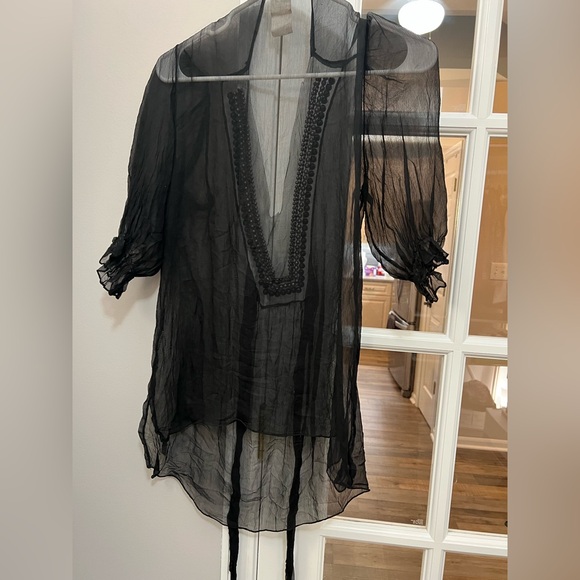 Vintage Black Sheer silk Tunic with Beaded Detail made in France Sz S - Picture 4 of 9